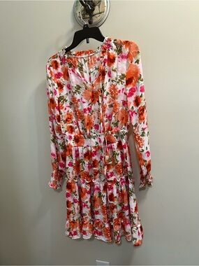 Amazon Floral Tiered Long-Sleeve Dress in Orange and Pink Size M